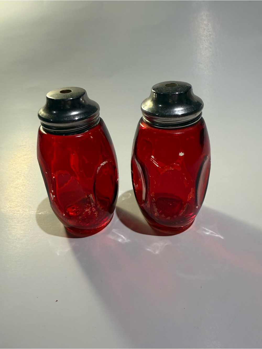 Ruby Red Glass Salt & Pepper Shaker Set with Metal Tops